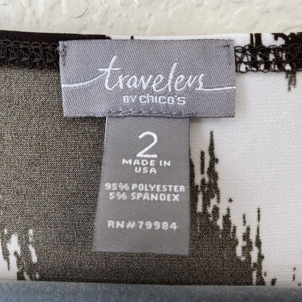 Chicos Travelers Blouse Top Womens Size 2 Large Ikat Beaded Trim Stretch - Picture 6 of 7